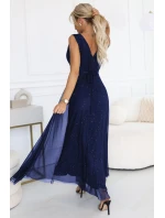 637-3 Večerní dlouhé šaty s brokátovým akcentem a hlubokým výstřihem - tmavě modré 637-3 Večerní dlouhé šaty s brokátovým akcentem a hlubokým výstřihem - tmavě modré