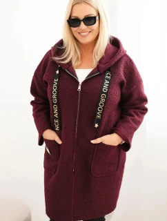 Dámský kabát Plus Size z umělé beránkové látky s kapucí a kapsami švestkový