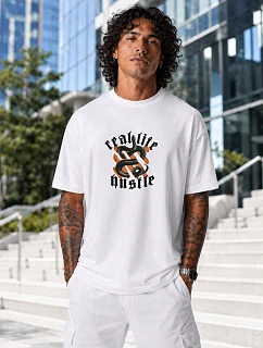 Pánské bavlněné tričko oversize s potiskem bílé FashionStreet NX1004R