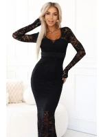 620-1 Večerní krajkové síťované maxi šaty s dlouhými rukávy - černé 620-1 Večerní krajkové síťované maxi šaty s dlouhými rukávy - černé