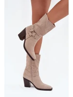 Dámské boty zateplené na podpatku s pásky a ozdobným detailem béžové Neria