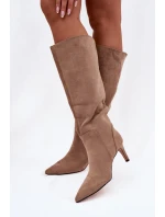 Dámské zateplené kozačky na jehlovém podpatku – tmavě béžové Arelisse