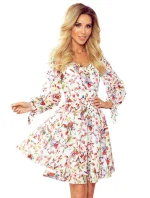 ZOE - Vzdušné dámské šifonové šaty s dekoltem, barevné květy na světlém pozadí 305-1 ZOE - Vzdušné dámské šifonové šaty s dekoltem, barevné květy na světlém pozadí 305-1