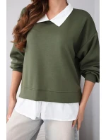 Dámská máslová mikina z viskózy s košilovou vsadkou khaki