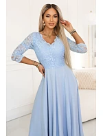309-15 AMBER elegantní dlouhé krajkové šaty s výstřihem - modré