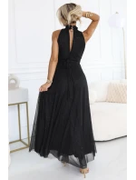 636-3 VERONICA luxusní dlouhé šaty s brokátovým akcentem a elegantním střihem - černé 636-3 VERONICA luxusní dlouhé šaty s brokátovým akcentem a elegantním střihem - černé
