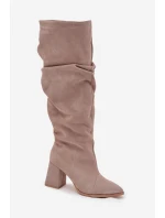 Dámské zateplené kozačky na podpatku Zazoo – béžové, pravý zamsz