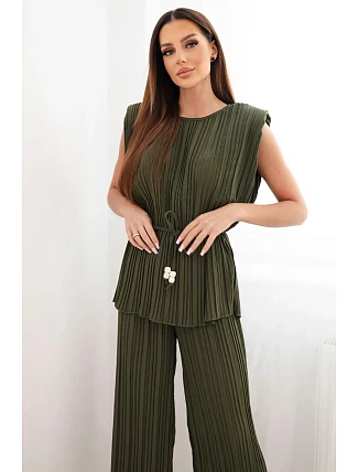 Dámský viskózový plisovaný komplet s vázací halenkou a širokými kalhotami khaki
