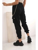 Dámské bavlněné cargo kalhoty s kapsami a řetízkem černé