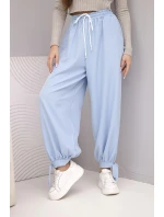 Dámské kalhoty s širokým nohavicím a zavazováním dole modré