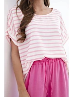 Dámský viskózový komplet s pruhovanou halenkou a širokými kalhotami s gumou růžový