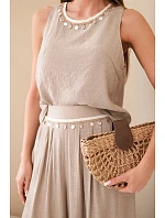 Dámský komplet s viskózou s tílkem bez rukávů a kalhotami se širokou nohavicí s ozdobným zakončením fango