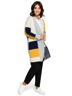 Dámský dlouhý svetr BK011 model 2 Béžovo-žluto-šedá - BEwear Dámský dlouhý svetr BK011 model 2 Béžovo-žluto-šedá - BEwear