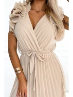 549-1 MIRABELLA Plisované šifonové midi šaty s výstřihem a jemnými volánky - BEACH 549-1 MIRABELLA Plisované šifonové midi šaty s výstřihem a jemnými volánky - BEACH