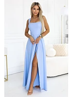 633-4 Dlouhé svatební šaty AURELIA s rozparkem a výstřihem - modré s třpytkami