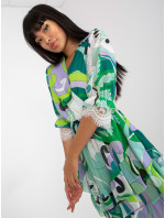 Zelenofialové zavinovací šaty s volánky a potisky