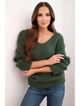 Dámský svetr s podílem vlny a výstřihem do V v barvě khaki