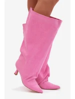 Kozačky s širokou horní částí a řasením na podpatku Růžové Harela