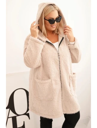 Dámský plášť Plus Size z viskózy se zapínáním na zip a kapucí béžový