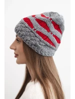 Dámská zimní čepice z vlny v hrubém pletení a pruhy K465 šedá + červená