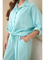 Dámský bavlněný komplet s uvázanou košilí a širokými nohavicemi mentolový
