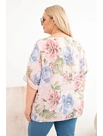 Dámská bavlněná halenka Plus Size s krátkým rukávem a květinovým vzorem pudrově růžová