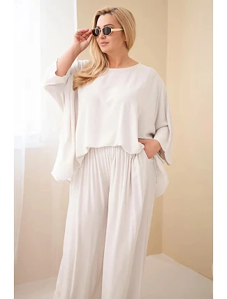 Dámský plus size viskózový komplet se širokými kalhotami a halenkou béžový