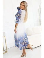 605-1 Ženské vzdušné midi šaty s obálkovým výstřihem a záhyby - modré s polními květy