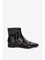 Lakované dámské kotníkové boty na plochém podpatku s pásky a přezkami Černé Hamira