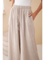 Dámské široké bavlněné kalhoty s gumičkou v pase béžové