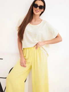 Dámský komplet z viskózy s pruhovanou blůzou a širokými kalhotami na gumu žlutý