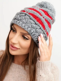 Dámská zimní pletená čepice s bambulí a copánkovým vzorem K466 šedá