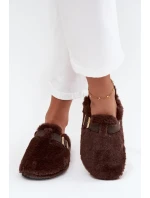 Kožešinové dámské pantofle na platformě s páskem a sponou hnědé Noraline