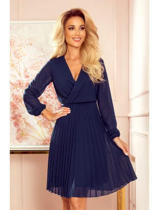 ISABELLE - Tmavě modré dámské plisované šaty s dekoltem a dlouhými rukávy 313-6