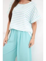 Dámský viskózový komplet s pruhovanou blůzou a širokými kalhotami s gumou mátový