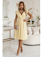 348-13 SCARLETT rozšířené midi šaty s obálkovým výstřihem a páskem - máslově žluté