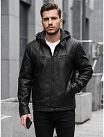 Pánská kožená zateplená bunda s kapucí, černá, FashionStreet TX5145 Pánská kožená zateplená bunda s kapucí, černá, FashionStreet TX5145