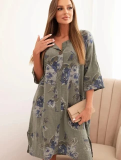 Dámská bavlněná šaty s květinovým vzorem a 3/4 rukávem khaki