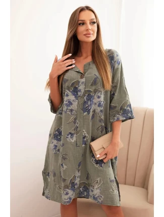 Dámská bavlněná šaty s květinovým vzorem a 3/4 rukávem khaki
