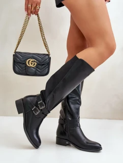 Dámské Kozačky Pod Kolena Na Plochém Podpatku S Přezkami Černé Lotina