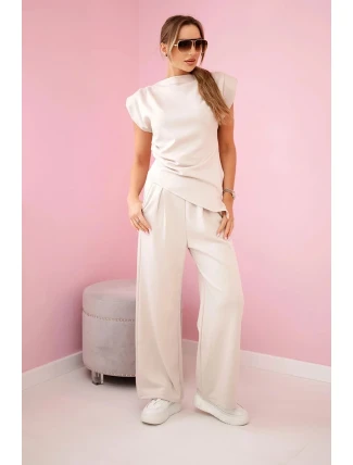 Komplet asymetrická halenka + kalhoty béžový