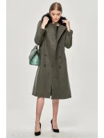 Dlouhý kabát v khaki barvě s kožešinovým límcem (20201202)