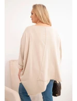 Dámská bavlněná blůza Plus Size s asymetrickým spodním lemem a V výstřihem béžová