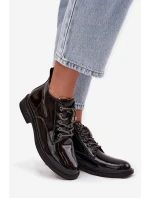 Kožené lakované dámské kotníčkové boty s ozdobným šněrováním D&A MR52-124 Černé