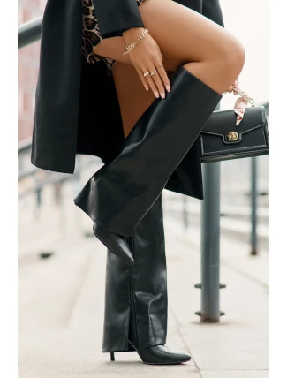 Zateplené kozačky na jehlovém podpatku s ohrnutým svrškem černé Tamonia