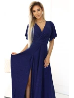 581-5 JENNIFER třpytivé dlouhé šaty s rukávy a výstřihem - GRANITOVÁ S BROKEREM