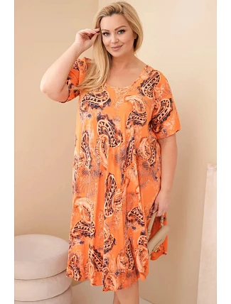 Dámské viskózové šaty Plus Size s krátkým rukávem a paisley střihem oranžová