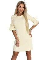 217-12 NEVA Dámské trapézové šaty s vázáním na rukávech - pastelově žluté 217-12 NEVA Dámské trapézové šaty s vázáním na rukávech - pastelově žluté