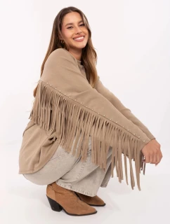 Tmavě béžová volná dámská mikina s třásněmi (21695)