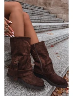 Dámské kozačky s obráceným svrškem do poloviny lýtka s přezkou hnědé Minelle
